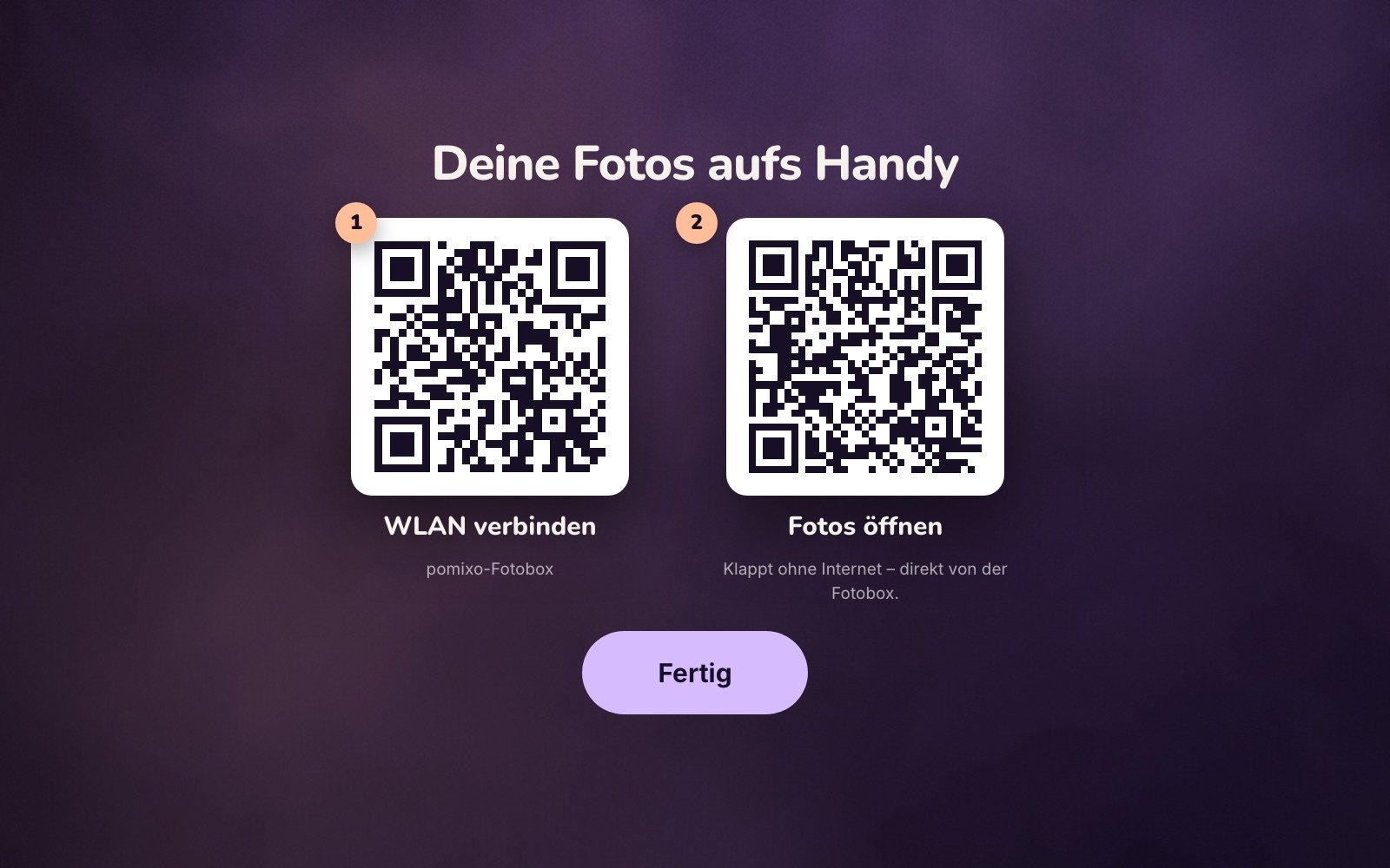Teilen-Bildschirm mit zwei QR-Codes: WLAN verbinden und Fotos öffnen