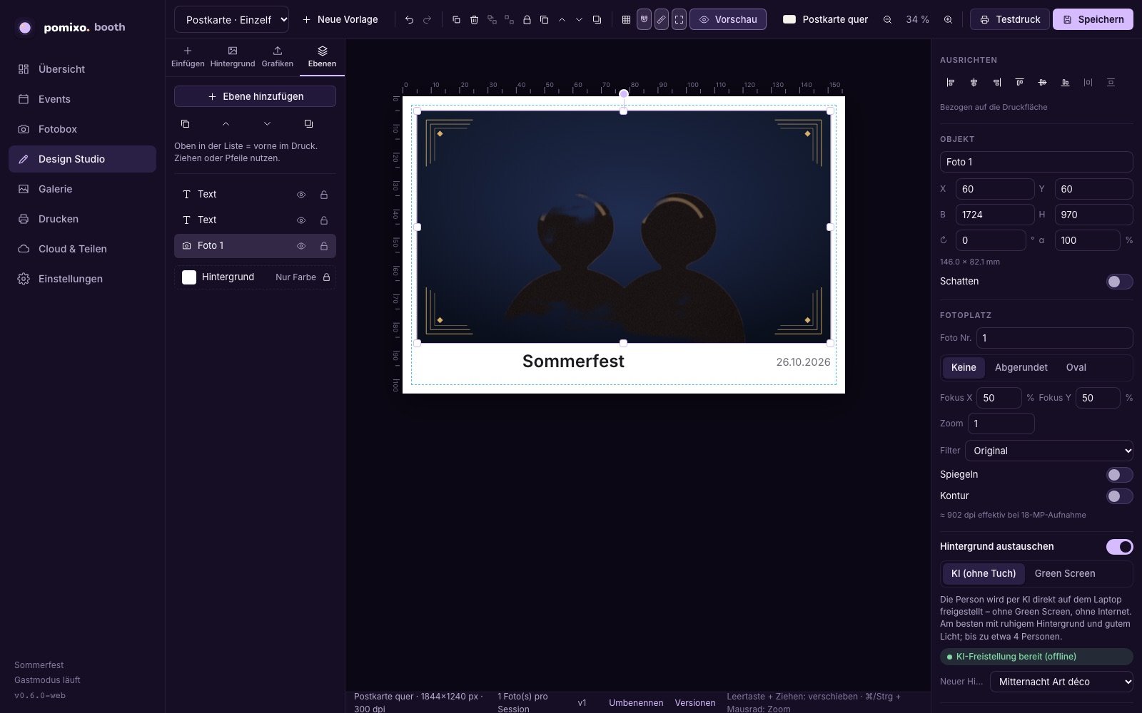Design Studio mit Layout, Ebenen und Einstellungen für den Hintergrundtausch