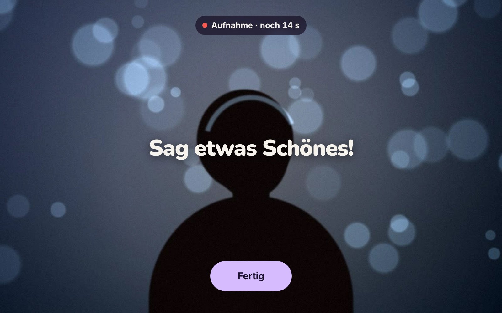 Aufnahme-Bildschirm des Video-Gästebuchs mit Restzeit und Fertig-Knopf