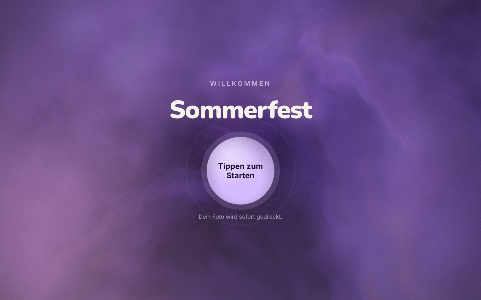 Startbildschirm von pomixo booth mit Event-Titel und Start-Knopf